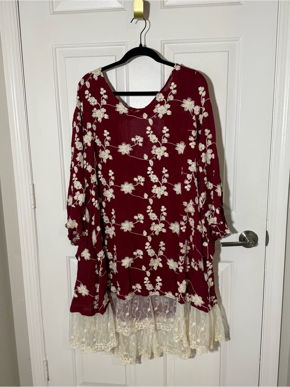 Altar'd State Burgundy Floral Embroidered Tunic with Ivory Lace Hem